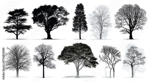 Various tree silhouettes, some leafy and others bare, arranged in two rows
