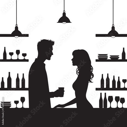 Man and woman silhouettes at bar with bottles and glasses