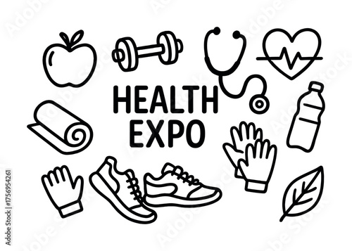 Vector Health expo icons: fitness, nutrition, wellness symbols