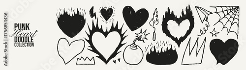 Hand drawn punk hearts and grunge doodles in black. Burning hearts, bombs, crowns, spiderwebs. Crayon pencil shapes for edgy Valentine designs.