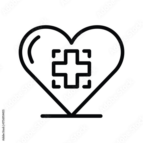 Heart with a medical cross inside resting on a horizontal line. line icon editable stroke