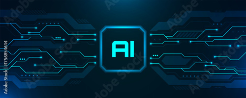 Futuristic artificial intelligence background with glowing blue digital circuit lines and cyber network connections symbolizing data processing, machine learning, and digital innovation technology.