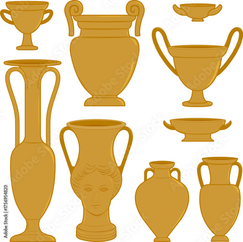 Ancient Greece amphora. Historical Greek pottery, clay jug with decorative handles. Vintage ceramic, old clay vase sculptures. Antique Roman archaeological pitcher, various shapes and designs jug. 