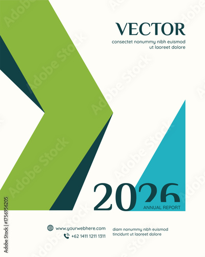 vector template social media 2026  Modern geometric annual report cover template for corporate business presentations and professional documentation, featuring abstract green and blue design elements