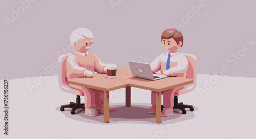 A stylized 3D render of an older man and a younger professional in a focused business meeting at a corner desk, one actively using a laptop.