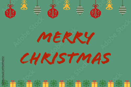 Merry Christmas greeting card on green background with pixel art ornaments, bells, and gift boxes. Festive holiday message template in cross-stitch style.