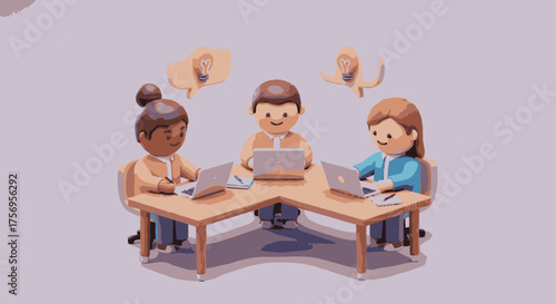 Three diverse cartoon characters are actively collaborating on laptops around a modern corner desk, symbolizing teamwork and digital communication in a professional setting.