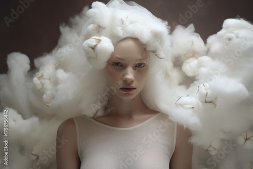 Fashion model posing surrounded by cotton for a conceptual photoshoot