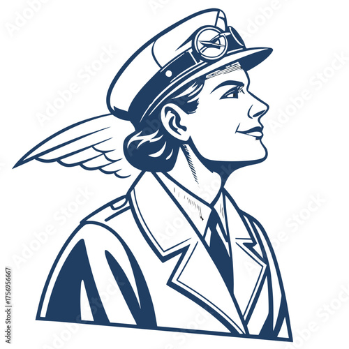 Empowered female pilot with wings on cap gazes forward with determination and ambition in a stylized, retro aviation portrait