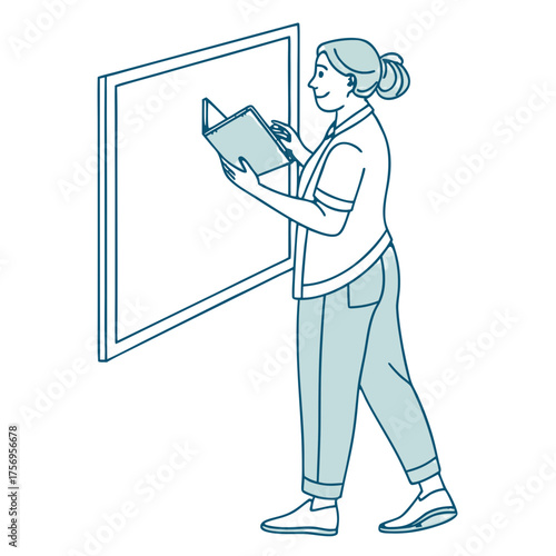 Confident woman absorbed in reading a book near a whiteboard, showcasing learning and focus in a modern educational or business setting