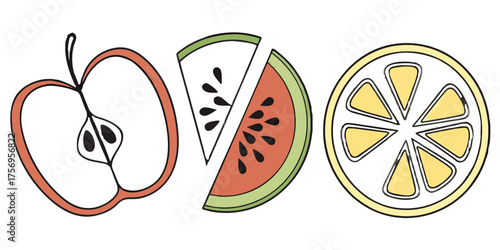 Vibrant, hand drawn slices of apple, watermelon and lemon bring refreshing charm to designs