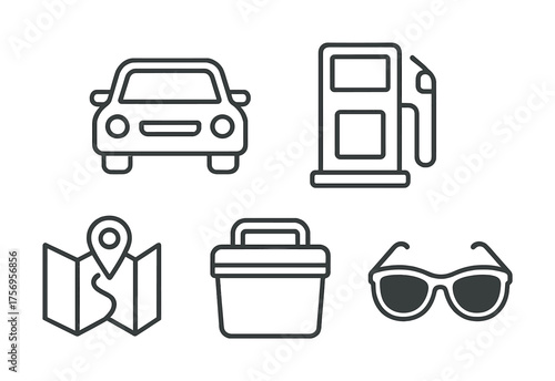 Vector Travel icons: car, gas pump, map, picnic box, sunglasses in line art style