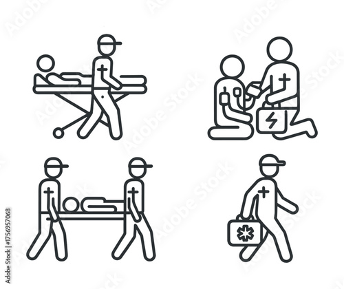 Vector Emergency medical icons: stretcher, first aid, patient transport, defibrillator