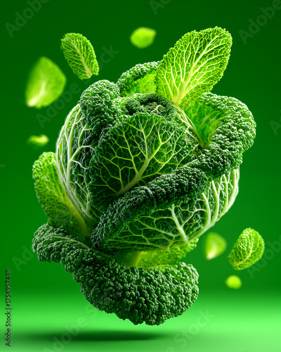 Savoy cabbage on a green background. Minimal food concept.