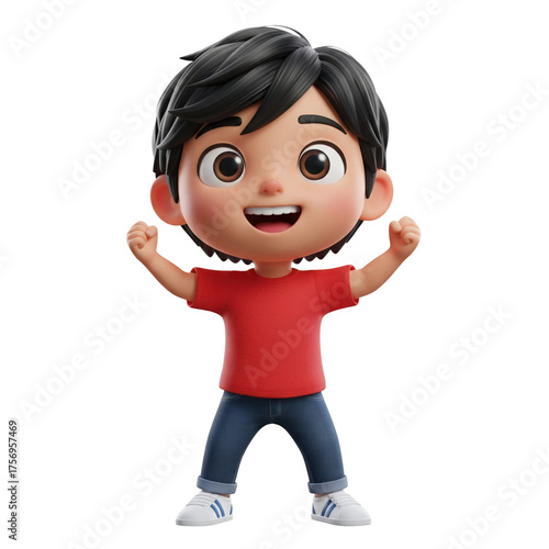 Happy young boy celebrates success with raised arms, radiating joy and positive energy, perfect for children's content, education, and cheerful campaigns, PNG transparency