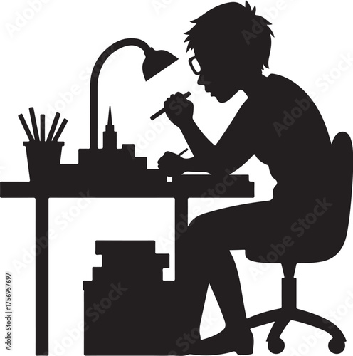 Silhouette of person at desk drawing with lamp vector