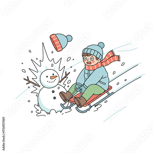 Boy sledding crashes into snowman, hat flies off.