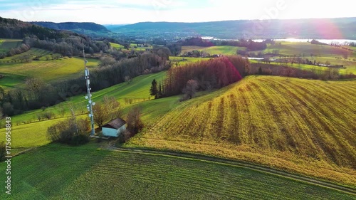 Green fields with trees, a telecommunications tower and a small village near the river Rhine