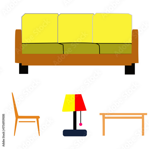 Furniture icon set featuring a sofa, chair, lamp, and table. The sofa has a brown frame and yellow cushions with a green seat