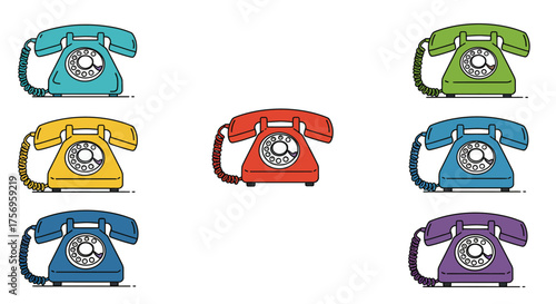 Collection of Vintage Rotary Telephones in Various Bright Colors.