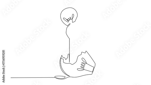 Self drawing animation of continuous one line drawing hand holding bulb out of broken bulb. Learn from mistakes. Brilliant ideas. Defeating pessimism. National Creativity Day. Full length animated