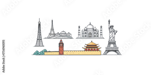Print  Famous world monument minimal vector line set