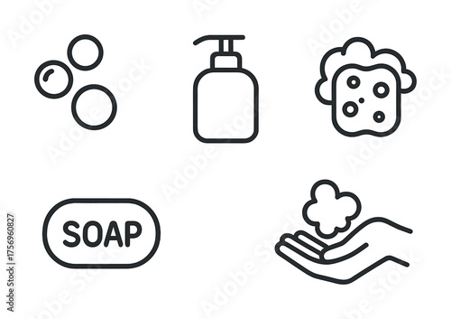 Vector Soap and hygiene icons: bubbles, dispenser, handwashing, lathering, cleanliness