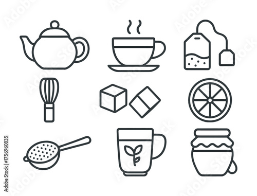 Vector Tea essentials: teapot, cup, infuser, sugar cubes, lemon, and honey jar icons