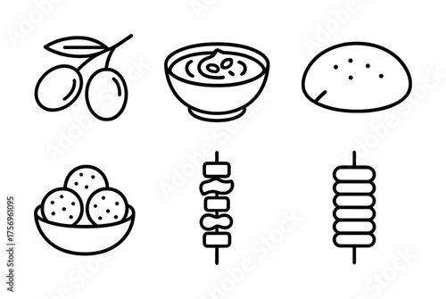 Vector Simple line drawings of food items including olives, soup, bread, falafel, skewers, dumplings