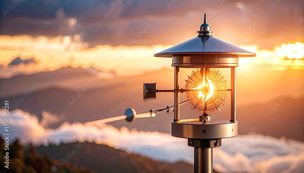 Obraz premium Weather instrumentation overlooking mountain sunrise, atmospheric monitoring station