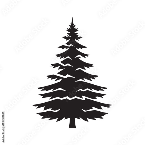 Black silhouette of a spruce tree pine tree isolated on a white background winter forest evergreen