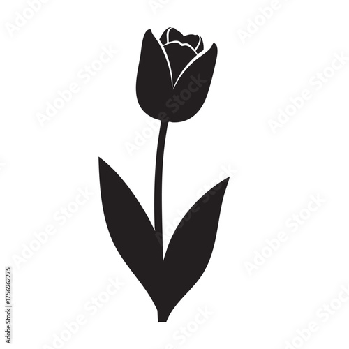 Simple black silhouette of a single tulip flower with two leaves and a stem, ideal for botanical designs, spring themes, and floral iconography