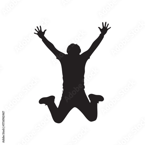 Joyful black silhouette of a person jumping high with arms raised, conveying excitement, happiness, freedom, and dynamic motion