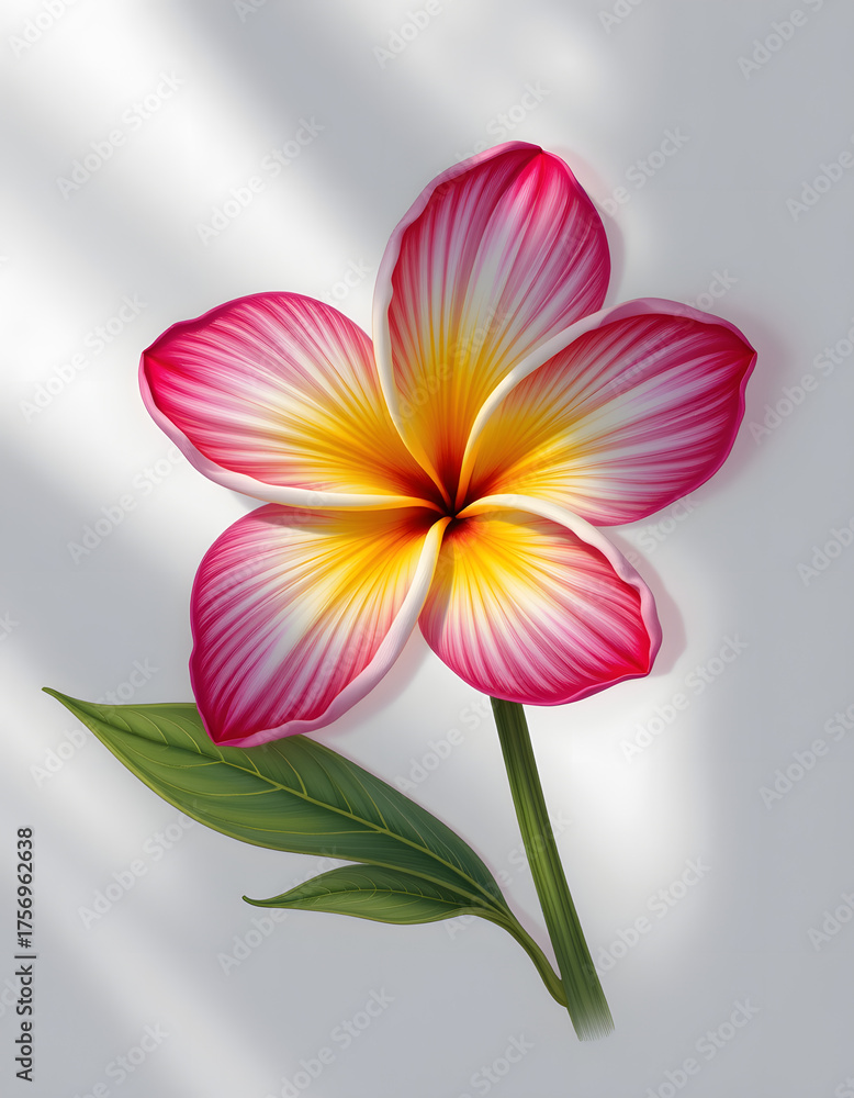 Obraz premium A solitary plumeria rubra blossom, its form meticulously detailed, dominates the bottom portion of a white canvas, Each petal, a vibrant ballet of pink and yellow color gradients