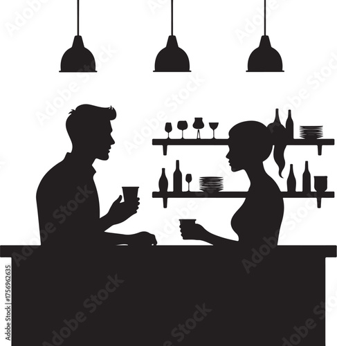 Silhouettes of man and woman at bar with drinks and bottles