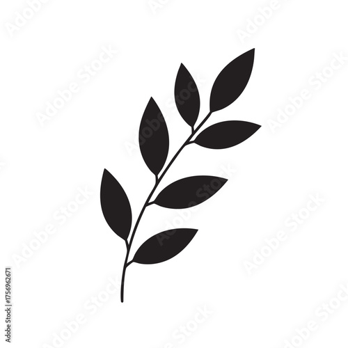 Minimalist Branch with Leaves Silhouette Vector Graphic Design Botanical Foliage Element Black and White Natural Plant Illustration for Decoration or Logo