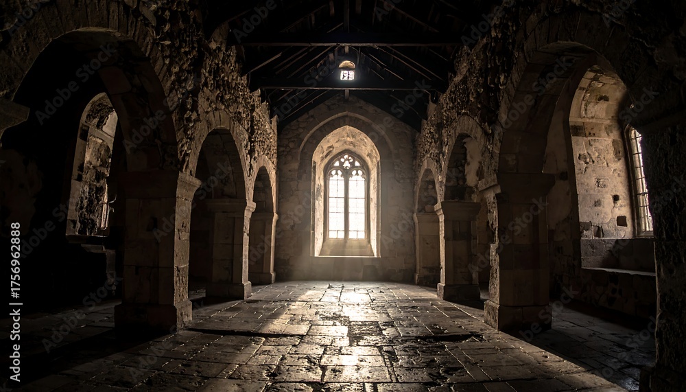 Fototapeta premium Interior view of an old stone structure with arched windows and light