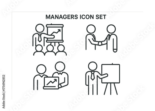 Vector Business management icon set: presentation, handshake, collaboration, strategy