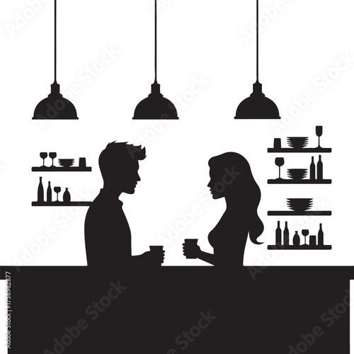 Silhouettes of man and woman at bar with shelves of drinks