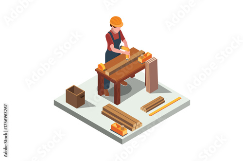 Isometric illustration carpenter sawing board with saw, vector illustration
