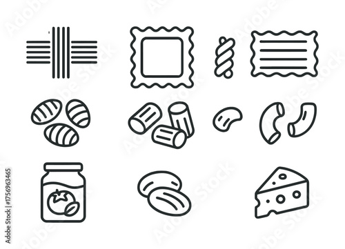 Vector Linear icons of various pasta shapes and a cheese block