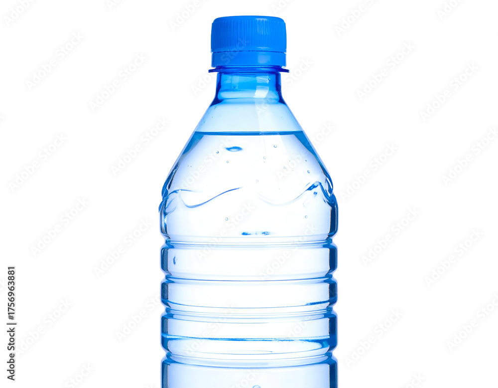 Fototapeta premium A translucent water bottle, mostly filled, with a blue cap against a black background