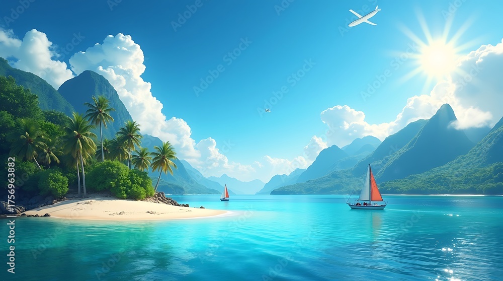 Naklejka premium Tropical Beach Paradise – Turquoise Coastline with Palms, Sailboat, and Scenic Sky Activity