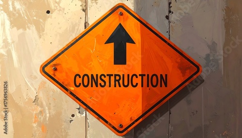 Orange and black diamond road sign with arrow. Construction site warning