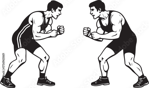 Two male wrestlers facing each other in a stance wrestling