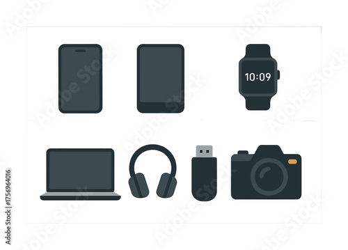 Vector Collection of modern electronic gadgets: smartphone, tablet, smartwatch, laptop, headphones, usb, camera