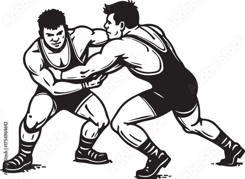 Two wrestlers grappling in black and white illustration