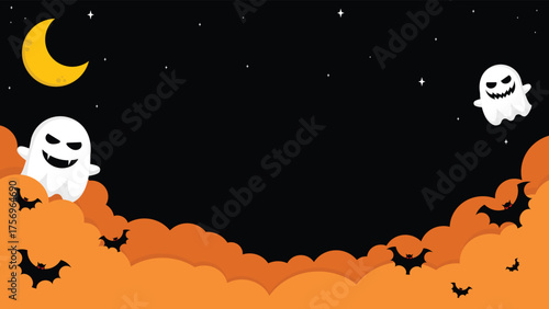 Scary Ghosts And Bats In The Dark Night With Moon And Stars Background