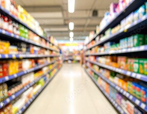 Blurred view of supermarket aisles filled with shelves of assorted packaged goods
