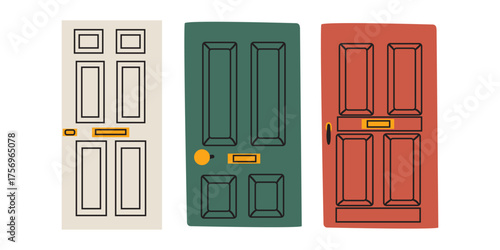 Set of retro front doors. Colored vintage entrance doors. Hand drawn vector illustration isolated on a white background